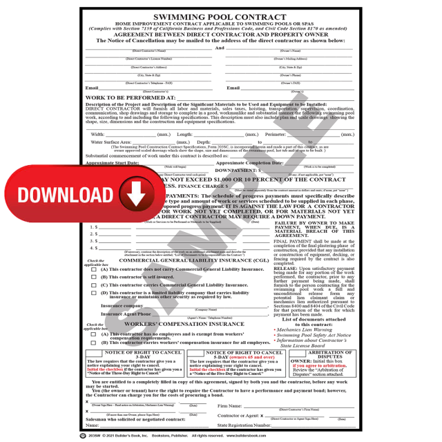 203SW - Swimming Pool Construction Contract (Download)