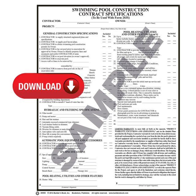 203SC - Swimming Pool Construction Contract Specifications (Download)