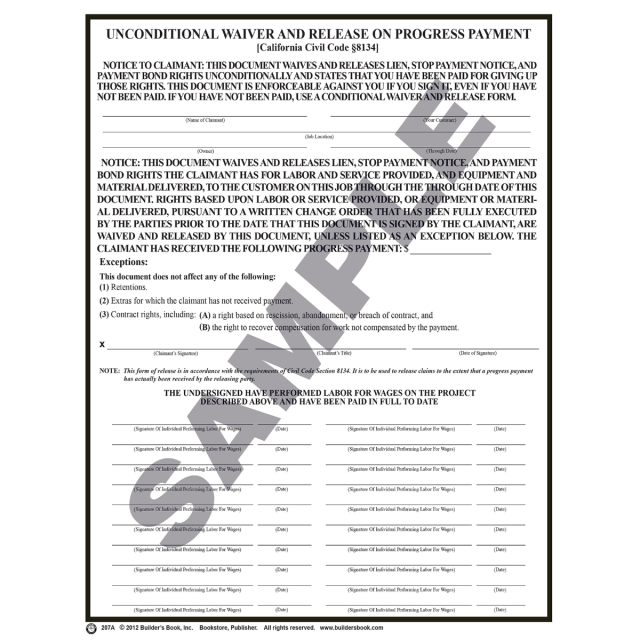 207A - Unconditional Waiver &amp; Release Upon Progress Payment