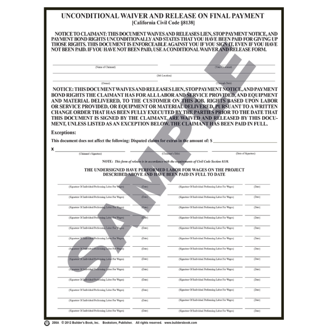 208A - Unconditional Waiver &amp; Release Upon Final Payment