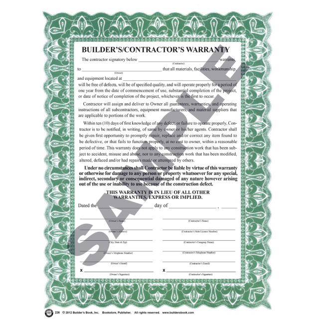 226 - Builder's/Contractor's Warranty