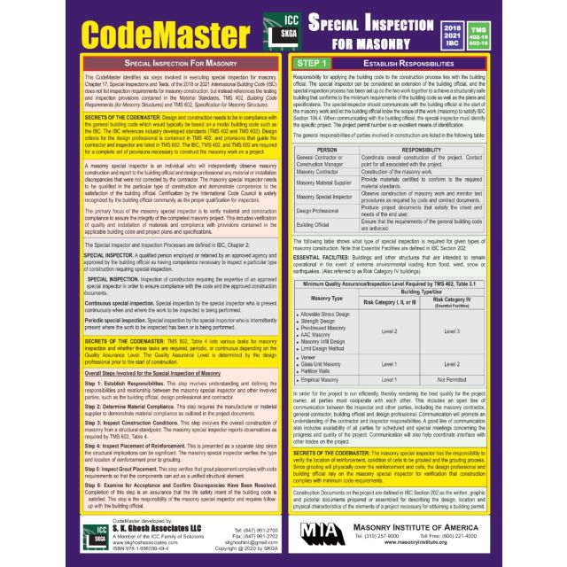 CodeMaster Special Inspection for Masonry (2018/2021 IBC, TMS 402/602-16)
