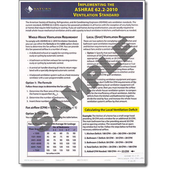 ASHRAE 62.2 2010 Ventilation Standards Technical Reference Sheet (ONLY 2 LEFT)