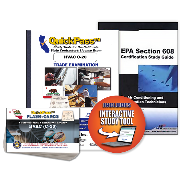 California C-20 HVAC License Examination QuickPass Study Guide Combo (Includes: Study Guide, Online Access Key, Flash-Cards and EPA 608 Study Guide)