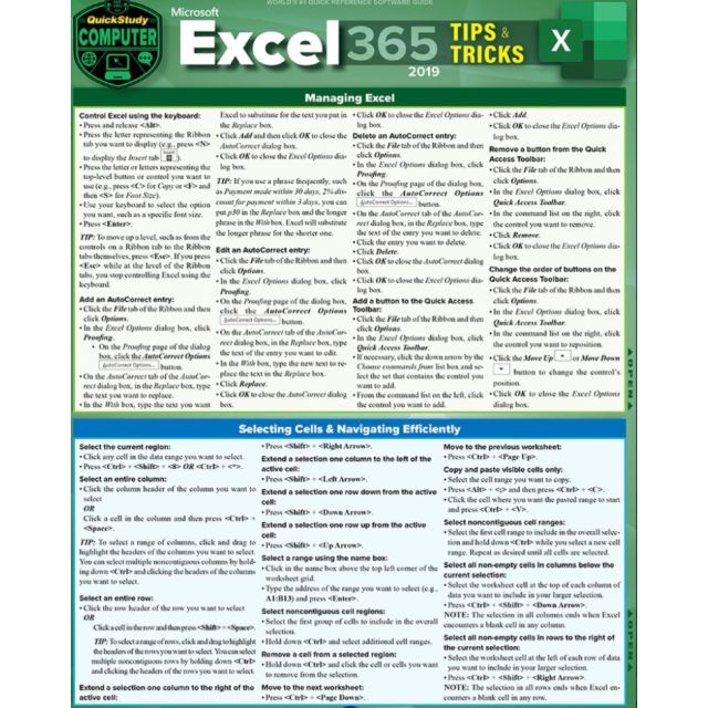 Microsoft Excel 365 Tips & Tricks 2019 Laminated Reference Guide