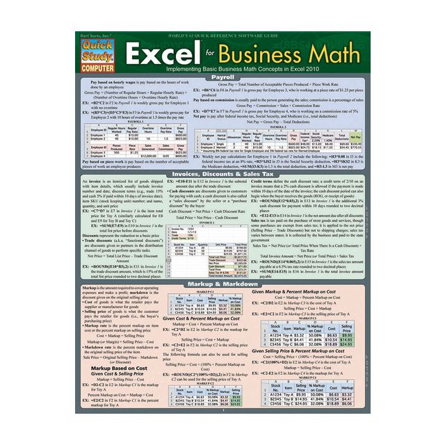 QuickStudy  MS Excel For Business Math Laminated Reference Guide