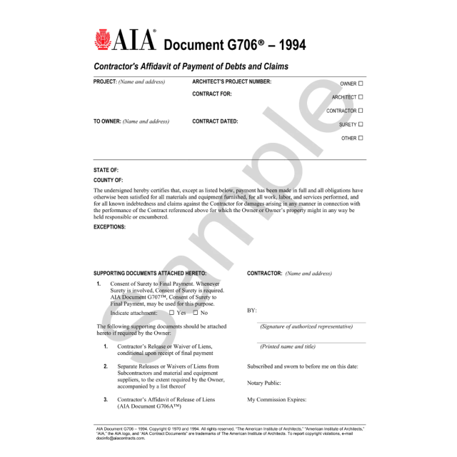 AIA G706 Contractor's Affidavit of Payment of Debts & Claims