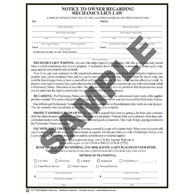 214 - Notice To Owner Regarding Mechanic's Lien Law
