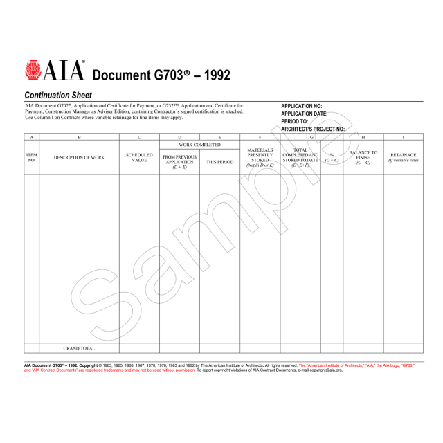 AIA G703 - Continuation Sheet (Package of 50)