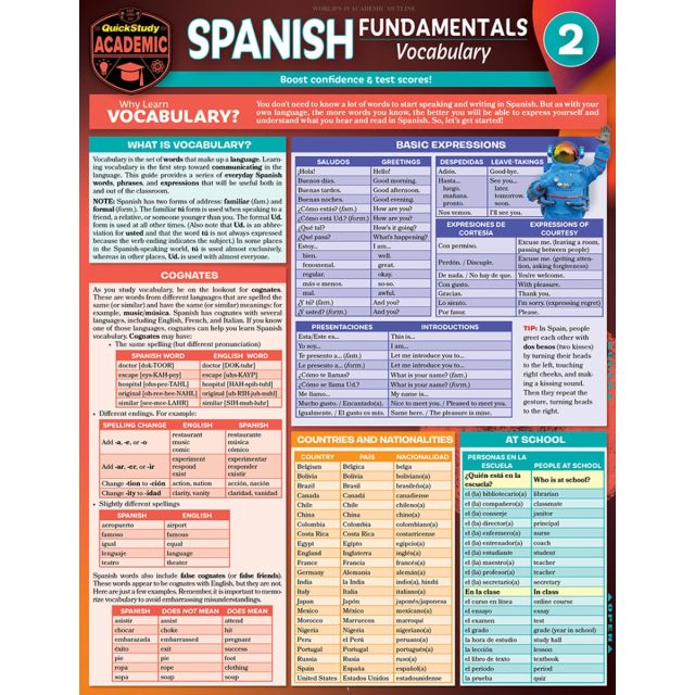 QuickStudy  Spanish Fundamentals 2 - Vocabulary Laminated Study Guide