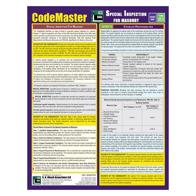 CodeMaster Special Inspection for Masonry Based on 2024 IBC and TMS 402/602-22