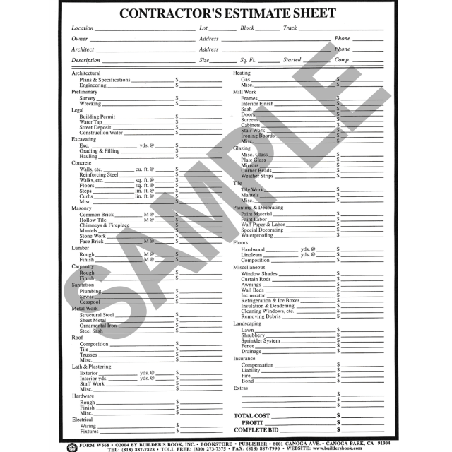 W568 Contractor&#039;s Estimate Sheet