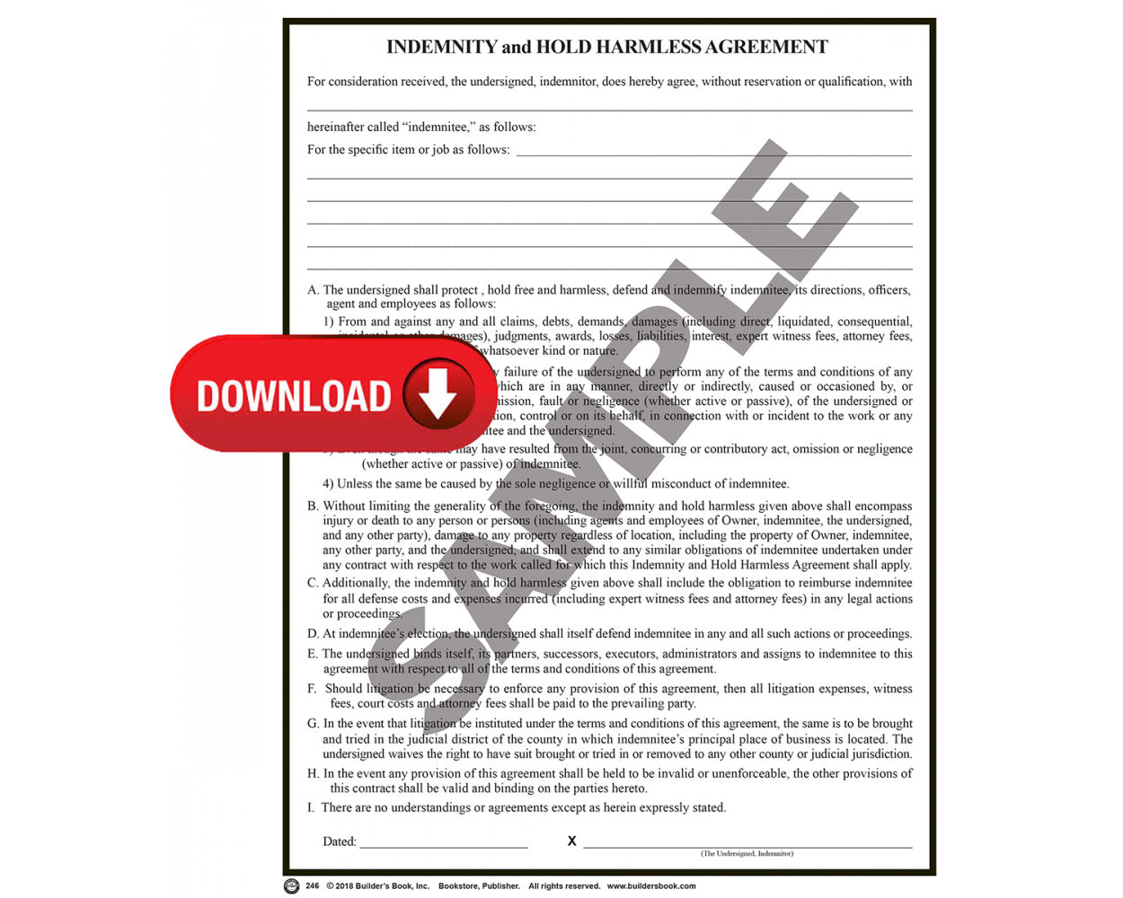 246 - Indemnity and Hold Harmless Agreement (Download): Builder's Book,  Inc.Bookstore