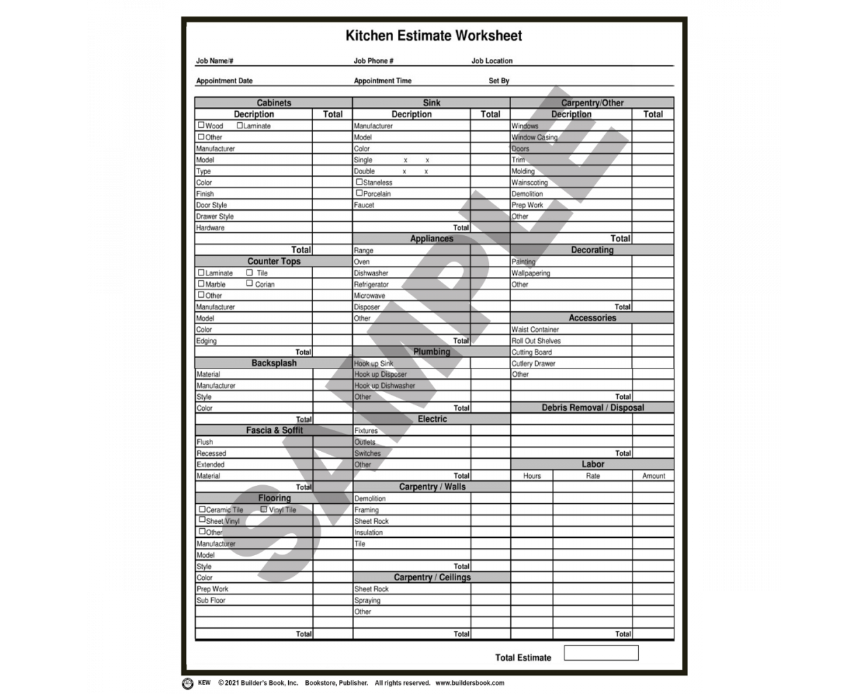 Buy Kitchen Estimate Worksheet Pack of 50