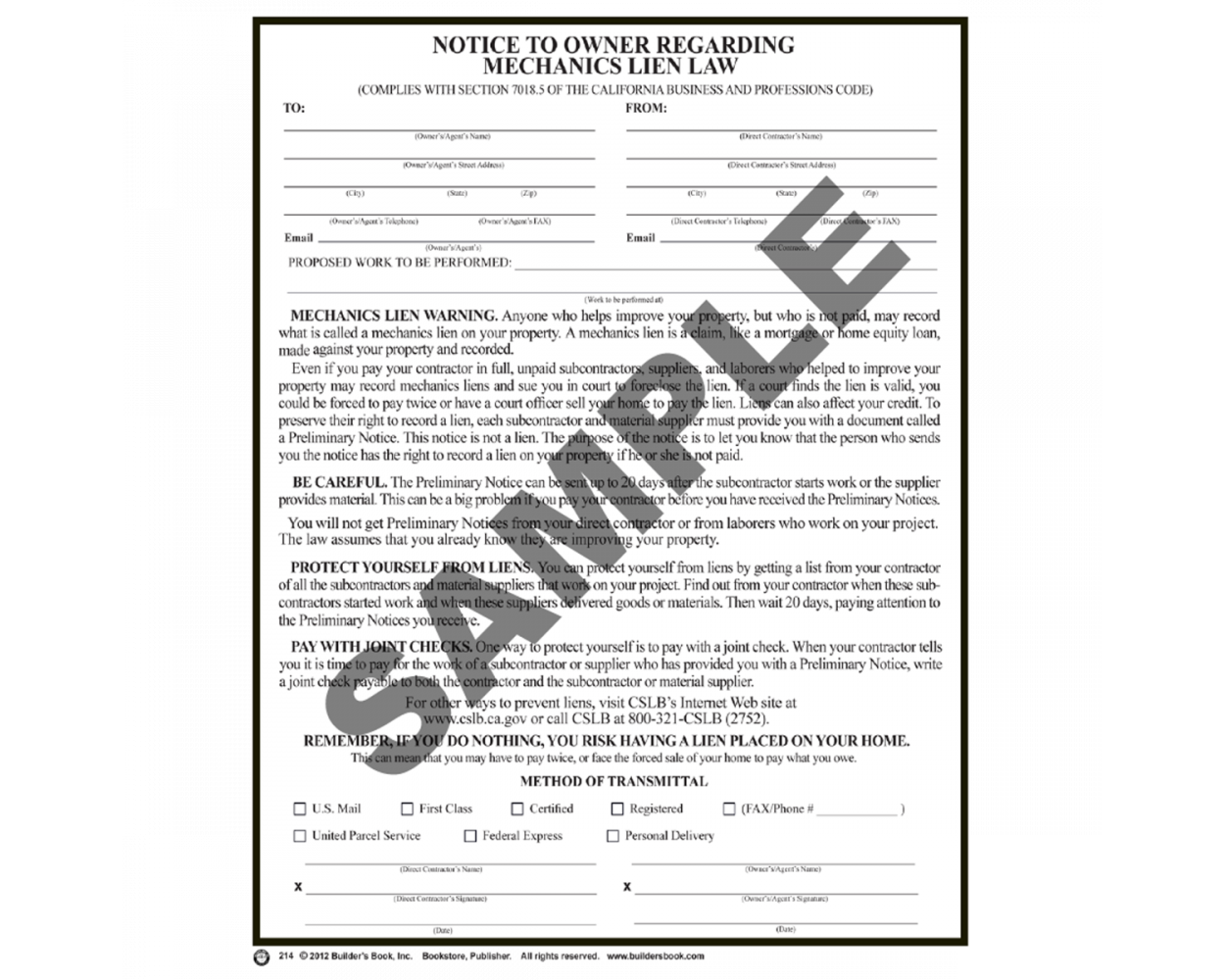 214 - Notice To Owner Regarding Mechanic's Lien Law (Package of 10):  Builder's Book, Inc.Bookstore