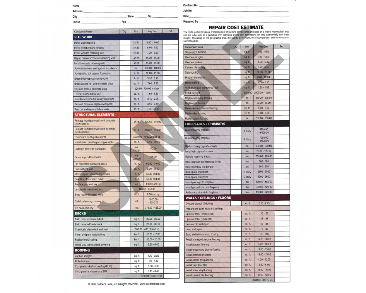 Repair Cost Estimate Sheet (Single)