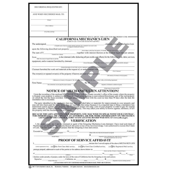 205 - California Mechanic's Lien (Each) Single One: Builder's Book,  Inc.Bookstore