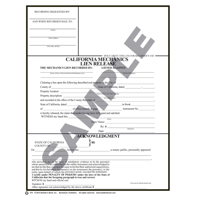 210 - California Mechanic's Lien Release (Package of 10): Builder's Book,  Inc.Bookstore