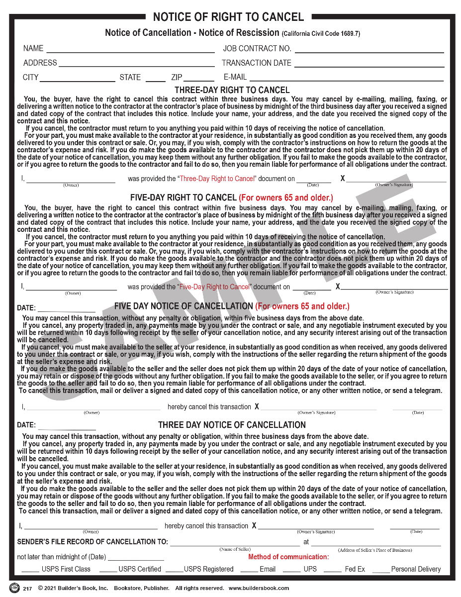 217 Notice of Right to Cancel Builder's Book, Inc.Bookstore