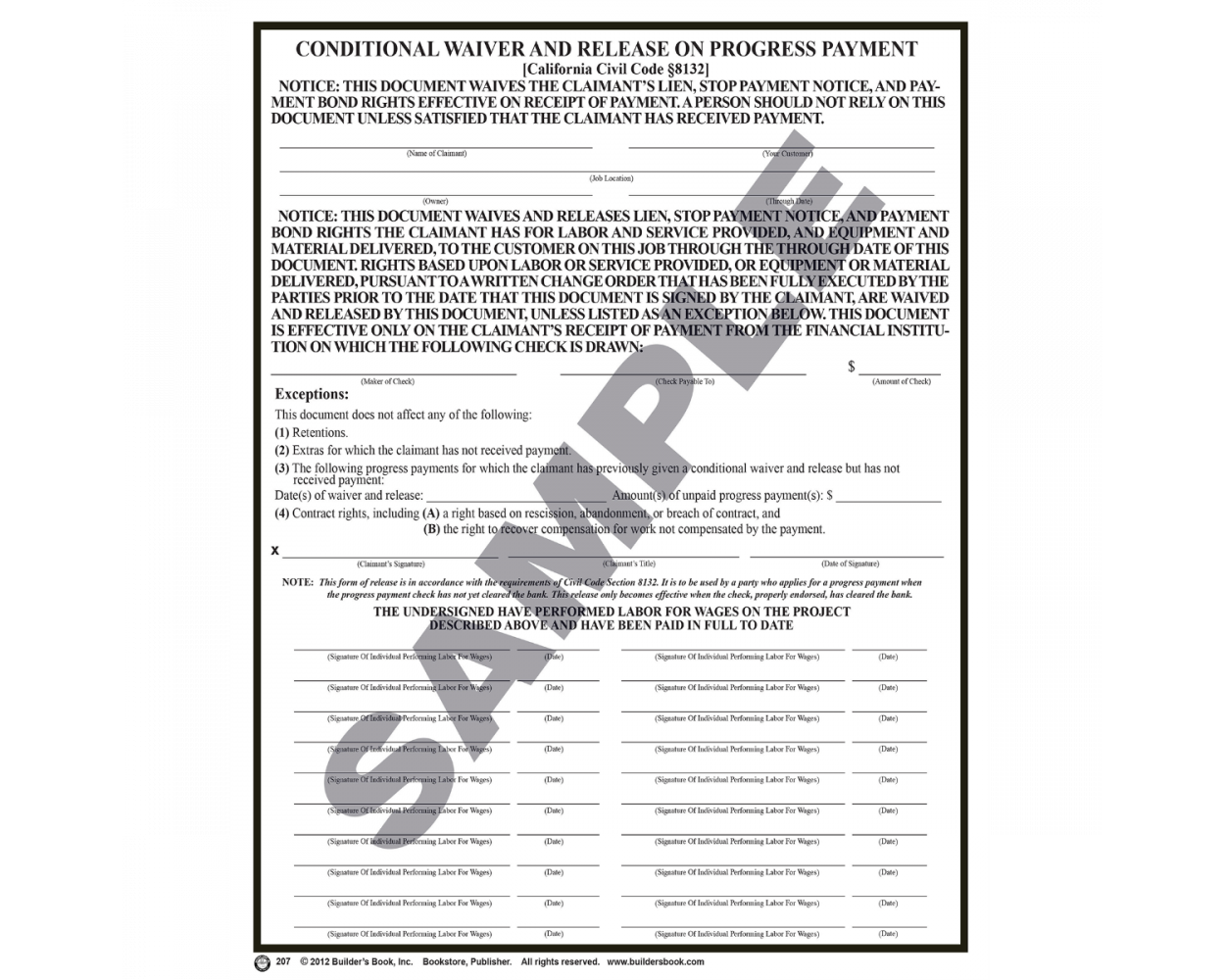 207 Conditional Waiver Release Upon Progress Payment Package Of 10 