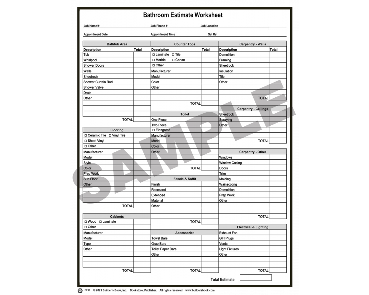 Buy Bathroom Estimate Worksheet Pack Of 50