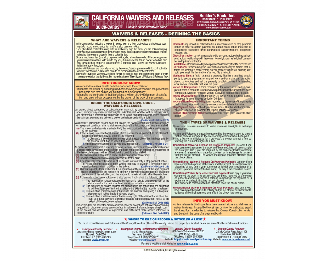 California Waivers & Releases Quick-Card 2012: Builder's Book, Inc.Bookstore