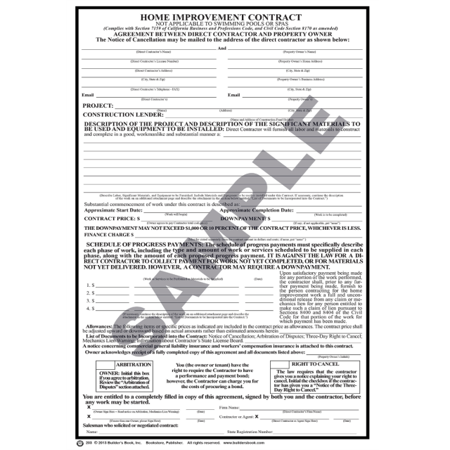 203 - Home Improvement Contract (Package of 50): Builder's Book, Inc ...