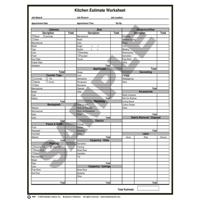 Buy Bathroom Estimate Worksheet Pack Of 50 | Buildersbook.com