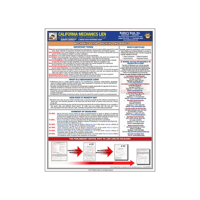 California Mechanics Lien QuickCard Builder's Book, Inc.Bookstore