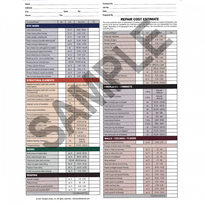 Repair Cost Estimate Sheet (Single)